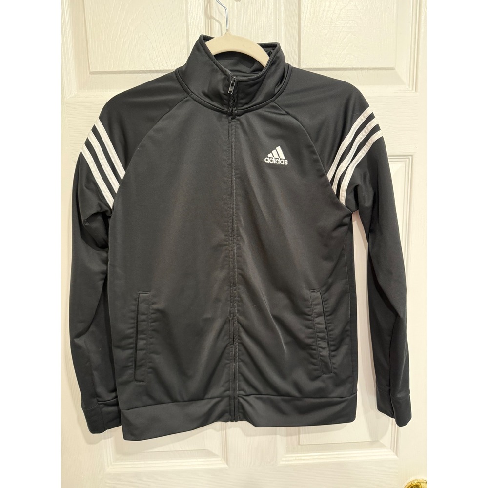 Adidas Kids Black White 3-Stripe Full Zip Track Jacket Sportswear Size L 14/16